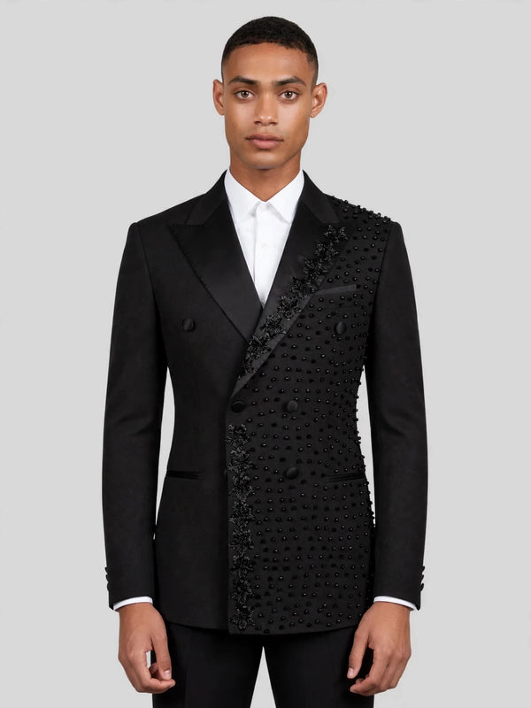 Onyx Jet Half-Bead Diagonal Peak-Lapel Double-Breasted Tuxedo Jacket 01