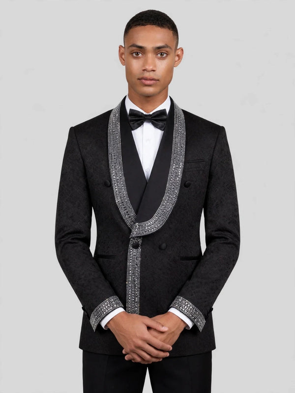 Onyx Silver Crystal-Grid Shawl-Collar Double-Breasted Tuxedo Jacket 02