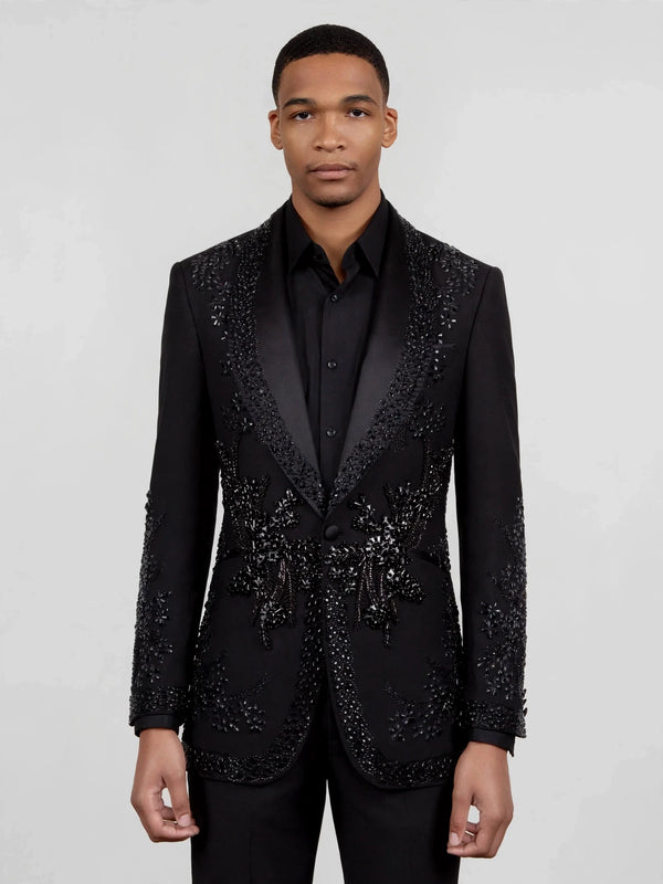 Onyx Jet Floral-Vine Shawl-Collar Tuxedo Jacket 04