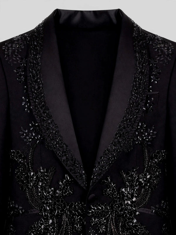 Onyx Jet Floral-Vine Shawl-Collar Tuxedo Jacket 08