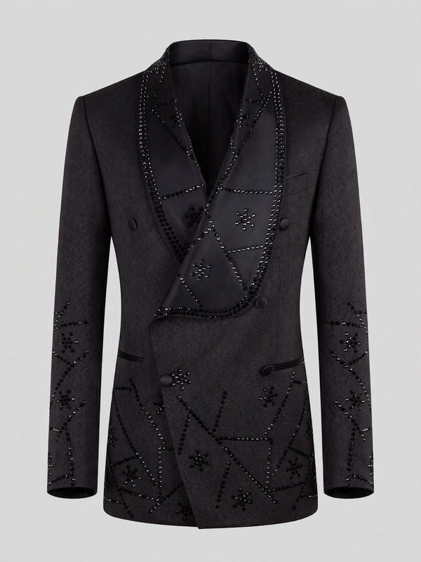 Onyx Jet Constellation-Bead Shawl-Collar Double-Breasted Tuxedo Jacket 07