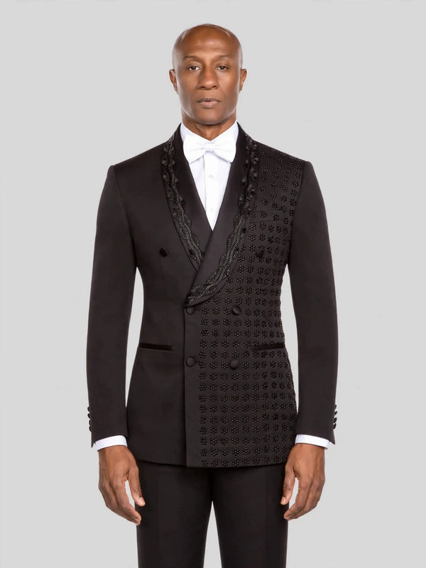 Onyx Jet Floral-Grid Asymmetric Shawl-Collar Double-Breasted Tuxedo Jacket - cover