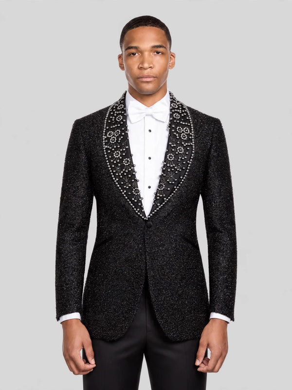 Onyx Silver Pearl-Ring Shawl-Collar Tuxedo Jacket 03