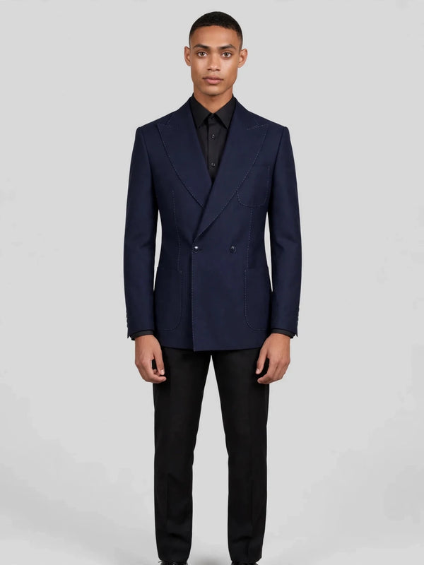 Midnight Navy Bold Pick-Stitch Patch-Pocket Peak-Lapel Double-Breasted Tuxedo Jacket 04