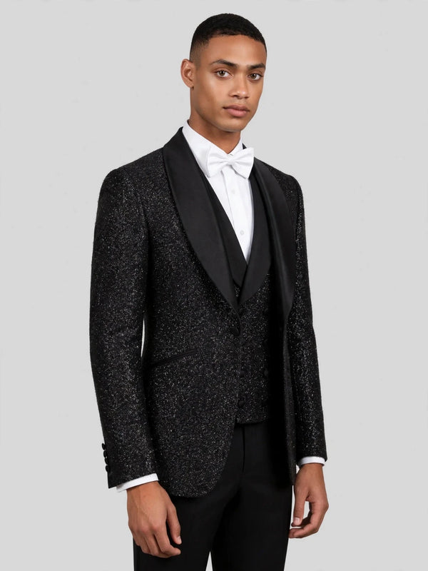 Onyx Glitter-Tweed Satin Shawl-Collar Tuxedo Jacket 03