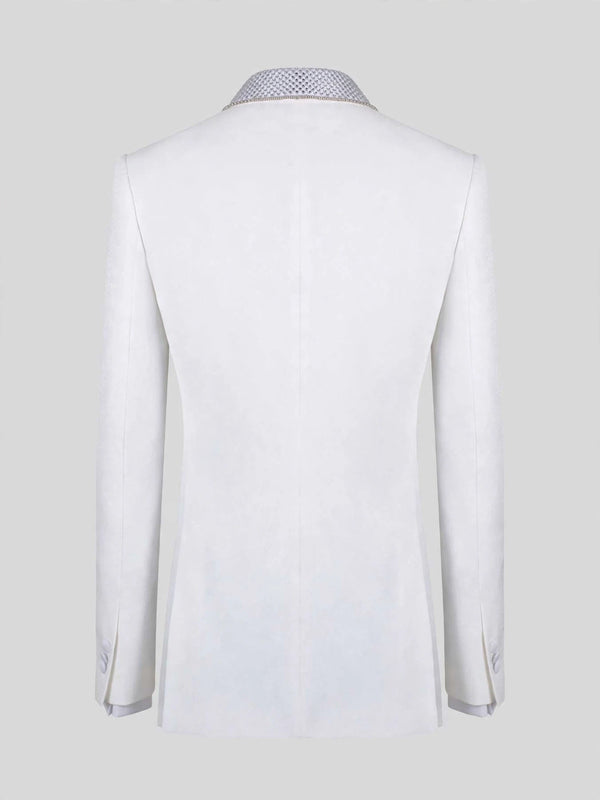 Ivory Silver Crystal-Mesh Shawl-Collar Double-Breasted Tuxedo Jacket 09