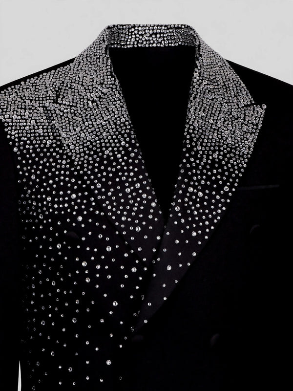 Onyx Silver Crystal-Dot Diagonal Peak-Lapel Double-Breasted Tuxedo Jacket 08