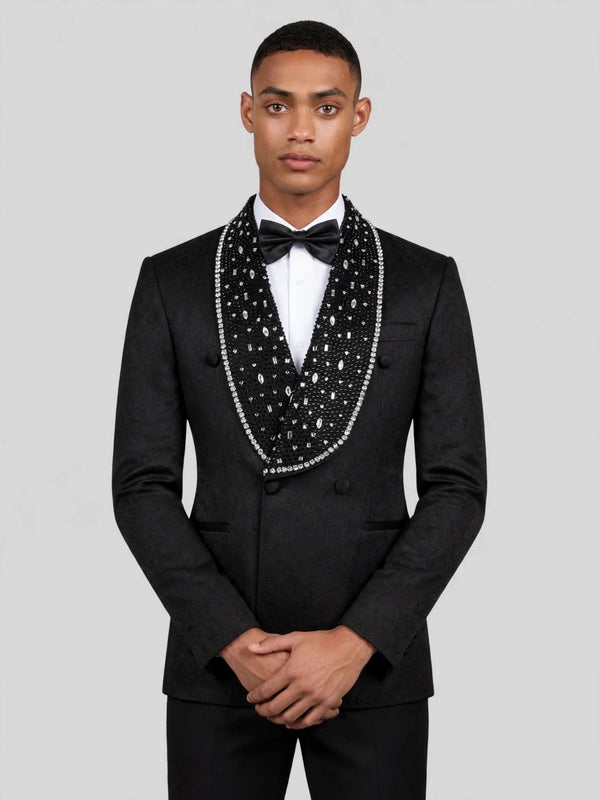 Onyx Silver Crystal-Scatter Beaded Shawl-Collar Double-Breasted Tuxedo Jacket 02