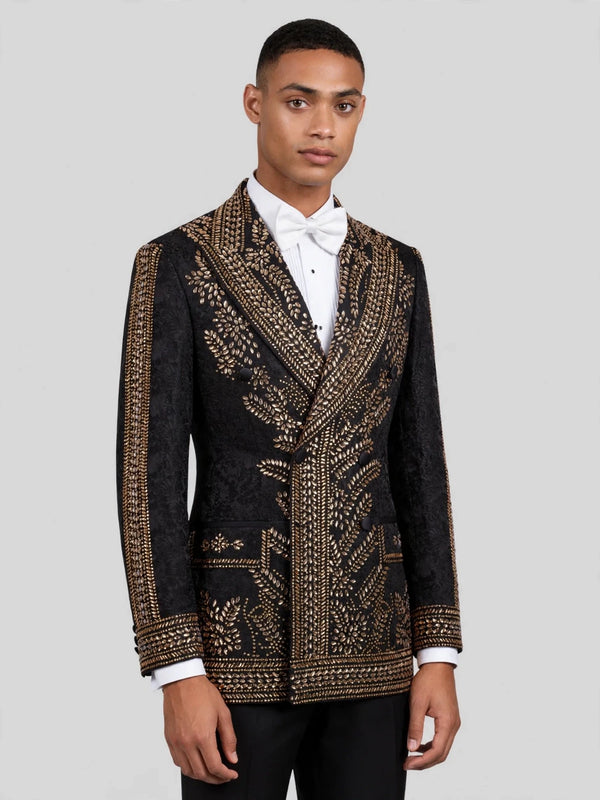 Onyx Gold Fern Crystal Peak-Lapel Double-Breasted Tuxedo Jacket 03