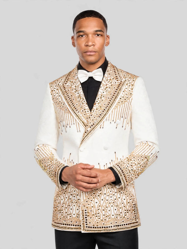 Ivory Champagne Mirror-Stud Crystal Cascade Peak-Lapel Double-Breasted Tuxedo Jacket 05