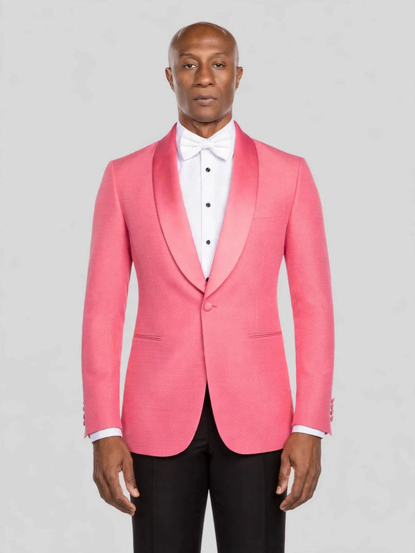 Coral Pink Diamond-Texture Shawl-Collar Tuxedo Jacket - cover