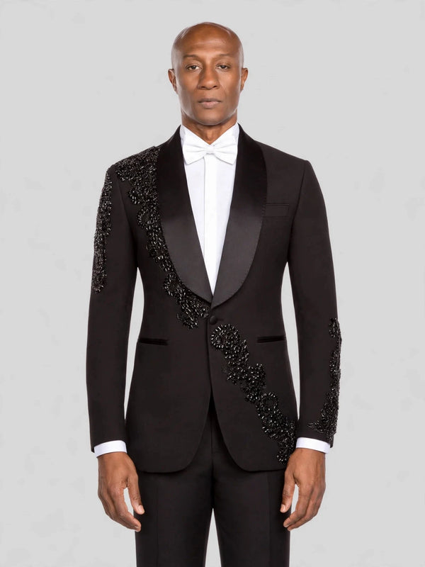 Onyx Jet Beaded Diagonal Shawl-Collar Tuxedo Jacket - cover