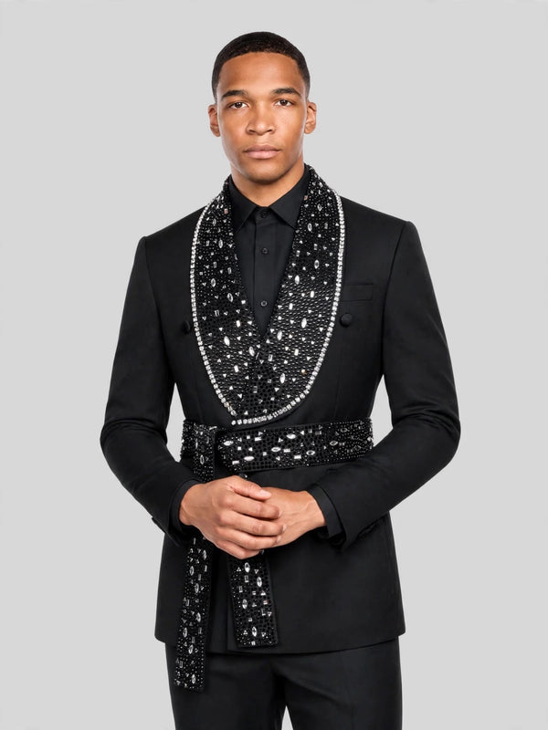 Onyx Silver Crystal Belted Shawl-Collar Double-Breasted Tuxedo Jacket 04