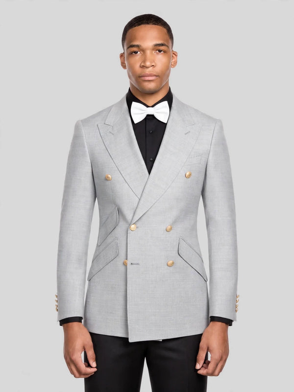 Silver Grey Gold-Button Ticket-Pocket Slant-Flap Peak-Lapel Double-Breasted Suit Jacket 05