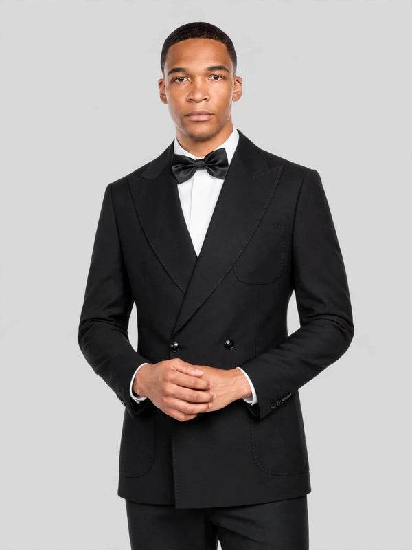 Onyx Fine Pick-Stitch Patch-Pocket Peak-Lapel Double-Breasted Tuxedo Jacket 02