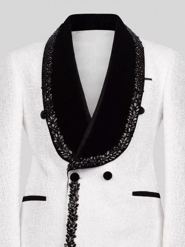 Ivory Jet-Leaf Velvet Shawl-Collar Double-Breasted Tuxedo Jacket 08