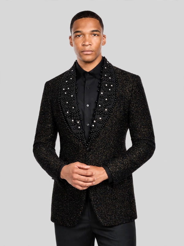 Onyx Crystal Scatter Shawl-Collar Tuxedo Jacket 04