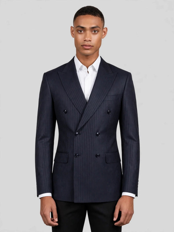 Midnight Navy Pinstripe Six-Button Peak-Lapel Double-Breasted Suit Jacket 01