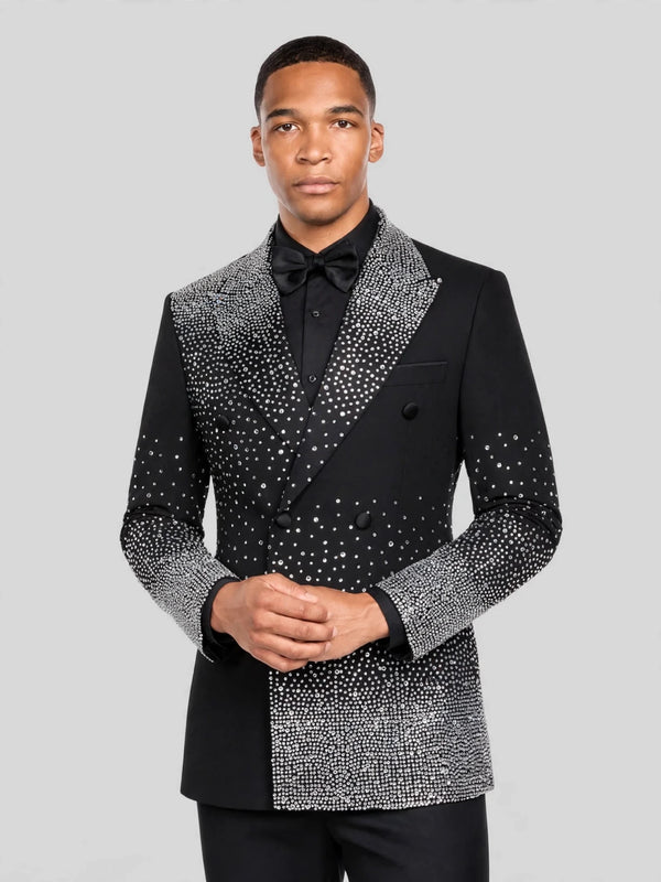 Onyx Silver Crystal-Dot Diagonal Peak-Lapel Double-Breasted Tuxedo Jacket 06