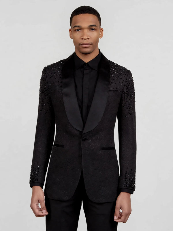 Onyx Jet Bead-Scatter Satin Shawl-Collar Tuxedo Jacket 04