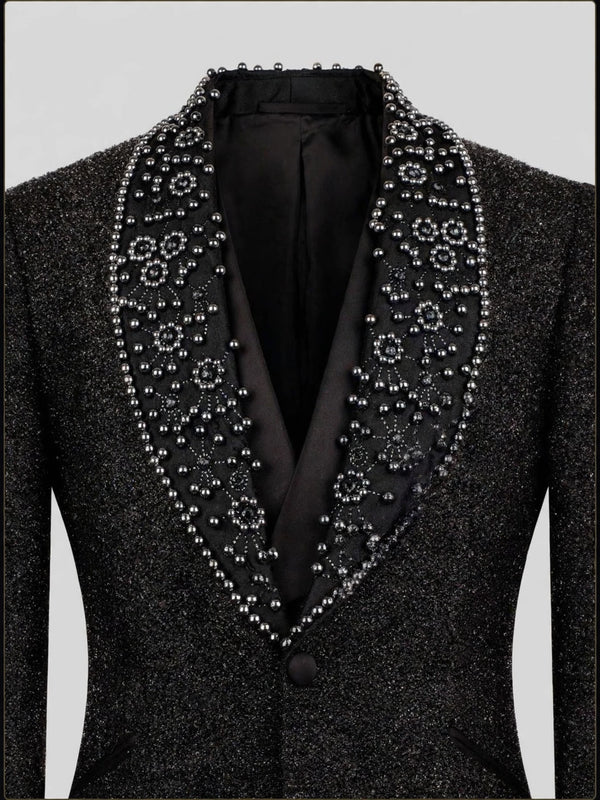 Onyx Silver Pearl-Ring Shawl-Collar Tuxedo Jacket 08