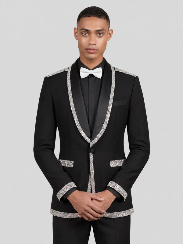 Onyx Silver Crystal Perimeter Shawl-Collar Tuxedo Jacket 05