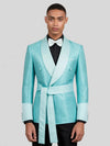 Aqua Mint Micro-Weave Satin Sash-Belt Shawl-Collar Tuxedo Jacket 05
