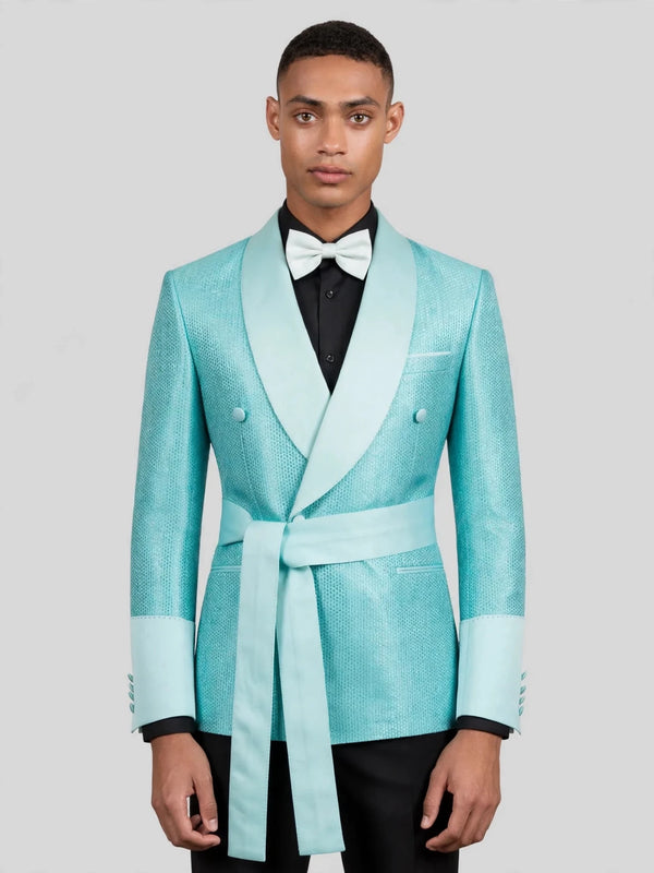 Aqua Mint Micro-Weave Satin Sash-Belt Shawl-Collar Tuxedo Jacket 05