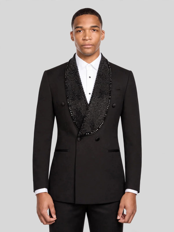 Onyx Jet Crystal-Mesh Shawl-Collar Double-Breasted Tuxedo Jacket 01