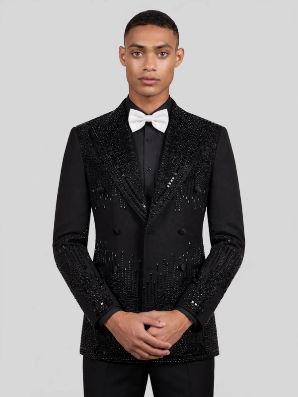 Onyx Jet Beaded Drip Peak-Lapel Double-Breasted Tuxedo Jacket 05
