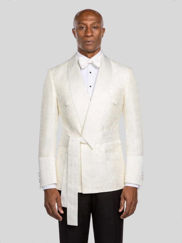 Ivory Cream Micro-Weave Satin Shawl-Collar Belted Double-Breasted Tuxedo Jacket - cover