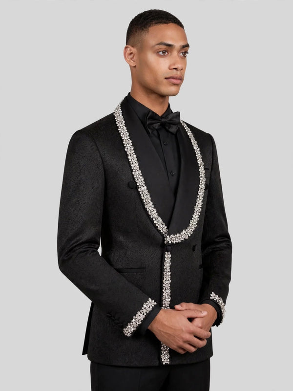 Onyx Matte Silver Crystal-Trim Shawl-Collar Double-Breasted Tuxedo Jacket 06