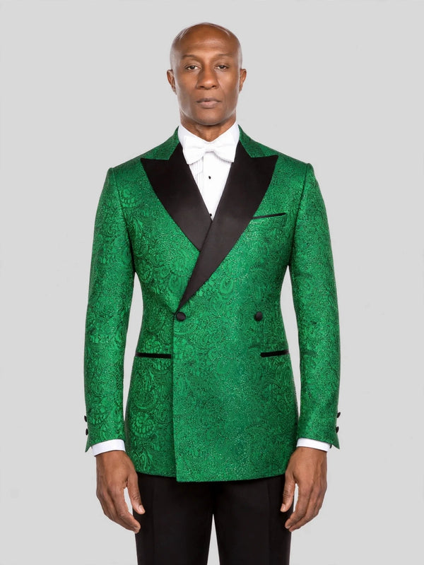 Emerald Paisley-Jacquard Satin Peak-Lapel Two-Button Double-Breasted Tuxedo Jacket - cover