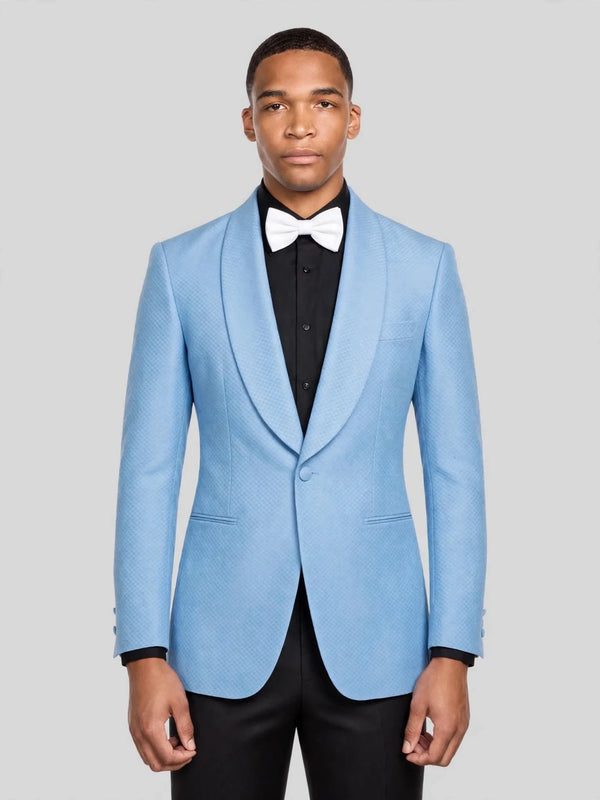 Sky Blue Diamond-Texture Shawl-Collar Tuxedo Jacket 05