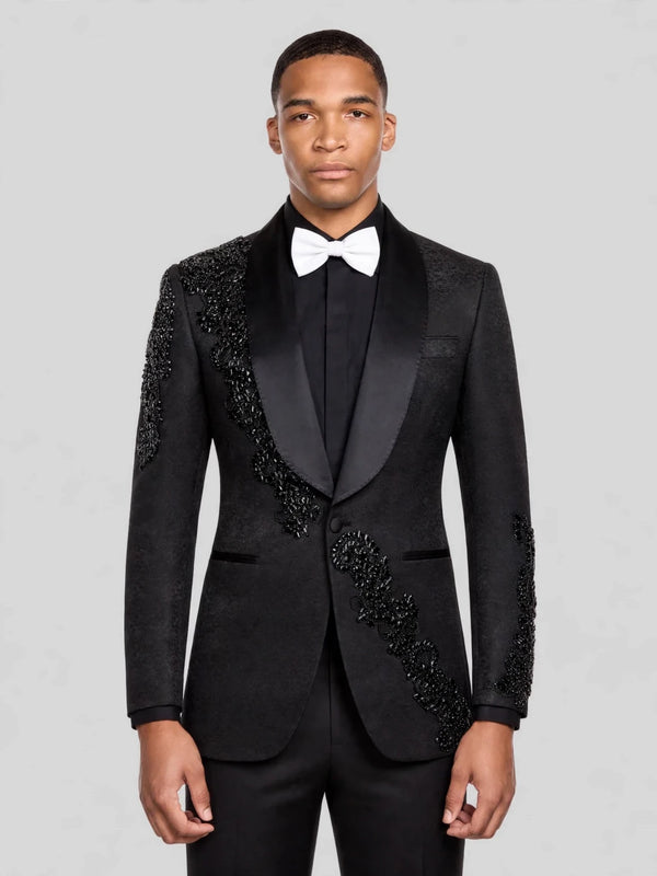 Onyx Jet Beaded Diagonal Shawl-Collar Tuxedo Jacket 05