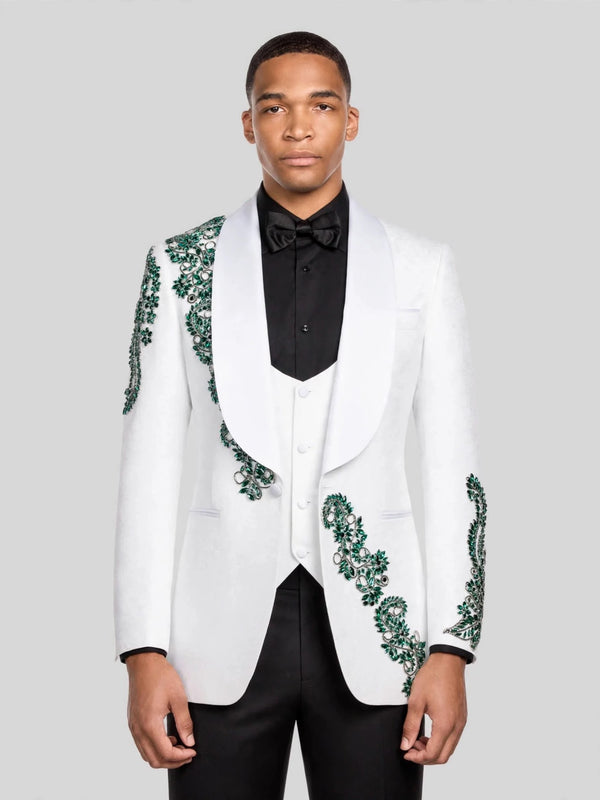 Ivory Emerald Crystal Shawl-Collar Tuxedo Jacket 06