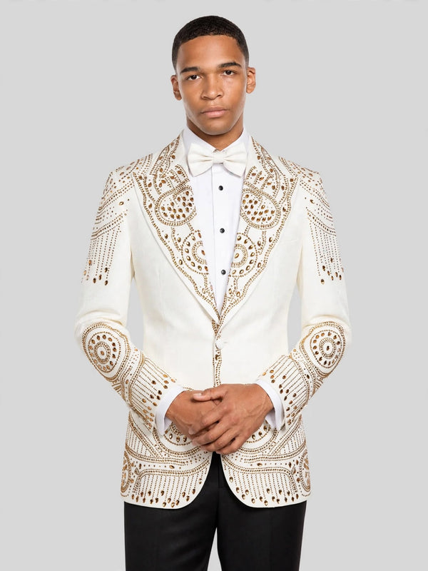 Ivory Gold Crystal Medallion Peak-Lapel Tuxedo Jacket 03
