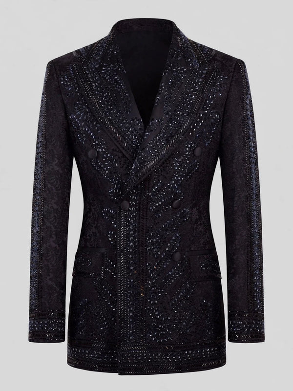 Onyx Jet Beaded Leaf-Scroll Peak-Lapel Double-Breasted Tuxedo Jacket 07