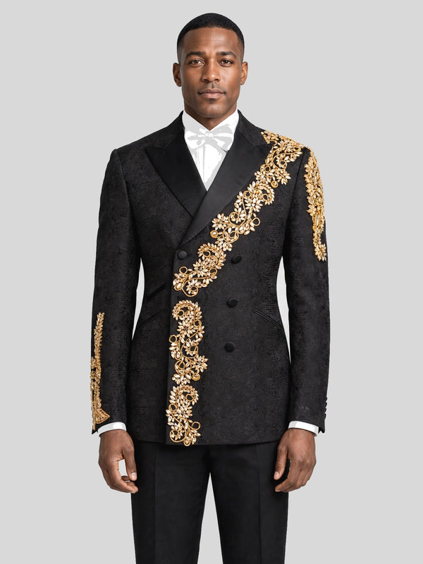 Onyx Gold Crystal Cascade Double-Breasted Tuxedo Jacket - cover
