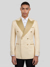 Champagne Paisley-Jacquard Gold Satin Peak-Lapel Six-Button Double-Breasted Tuxedo Jacket 01