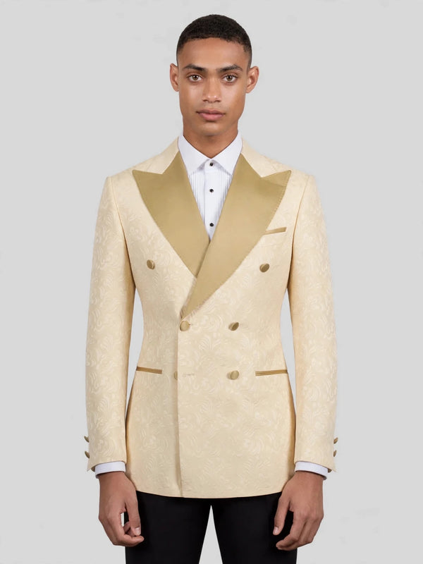 Champagne Paisley-Jacquard Gold Satin Peak-Lapel Six-Button Double-Breasted Tuxedo Jacket 01