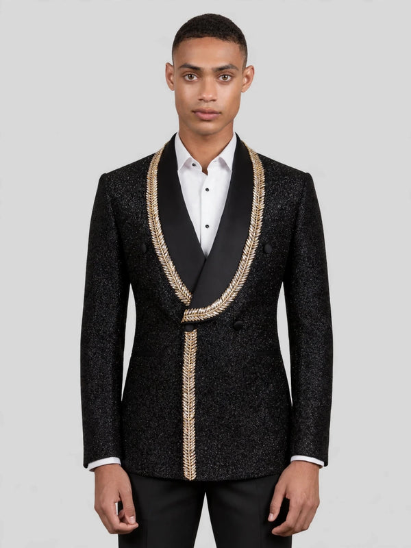 Onyx Gold Laurel-Leaf Crystal Shawl-Collar Double-Breasted Tuxedo Jacket 01