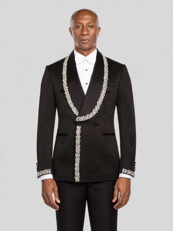 Onyx Matte Silver Crystal-Trim Shawl-Collar Double-Breasted Tuxedo Jacket - cover