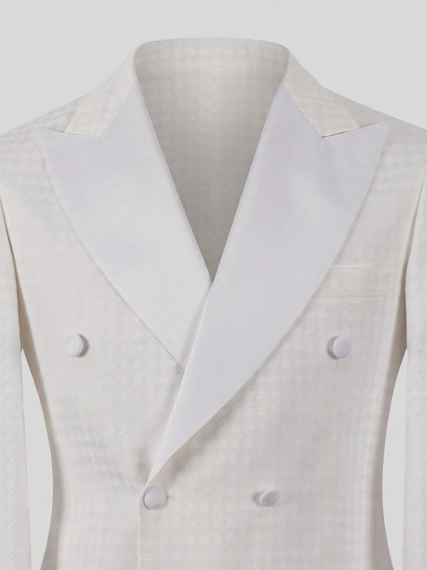 Ivory White Houndstooth Satin Peak-Lapel Double-Breasted Tuxedo Jacket 08