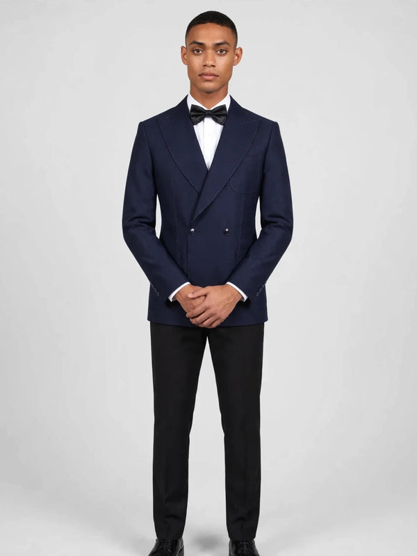 Midnight Navy Bold Pick-Stitch Patch-Pocket Peak-Lapel Double-Breasted Tuxedo Jacket 02