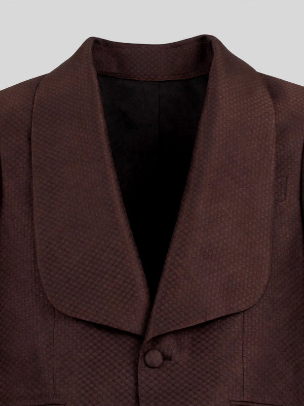 Chocolate Brown Diamond-Texture Shawl-Collar Tuxedo Jacket 08
