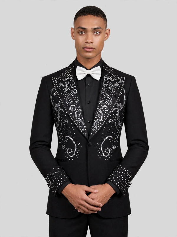 Onyx Silver Crystal Paisley-Swirl Peak-Lapel Tuxedo Jacket 05