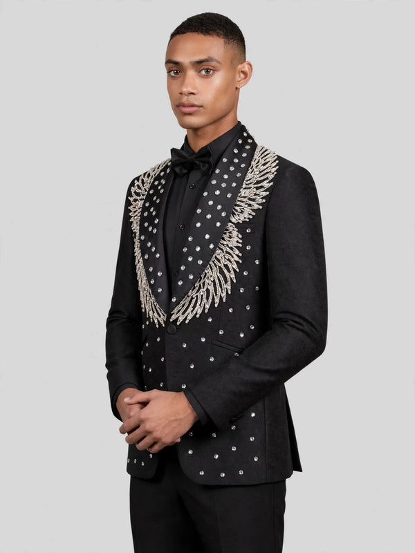 Onyx Silver Crystal Feather-Frond Shawl-Collar Tuxedo Jacket 06