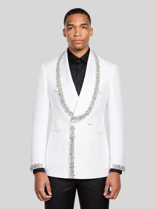 Ivory Silver Crystal-Trim Shawl-Collar Double-Breasted Tuxedo Jacket 04