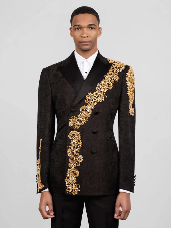 Onyx Gold Crystal Cascade Double-Breasted Tuxedo Jacket 01